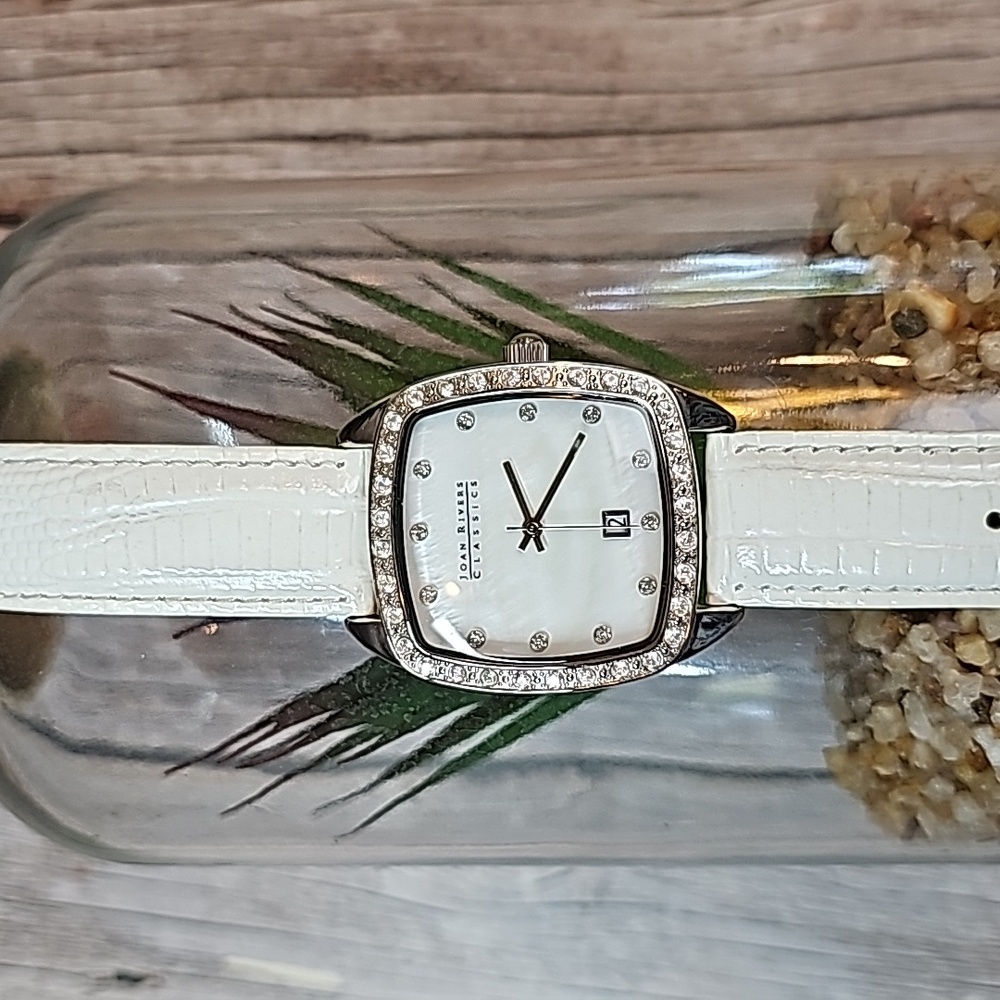 JOAN RIVERS CLASSICS MOTHER OF PEARL JEWELED LEATHER ANALOG WATCH